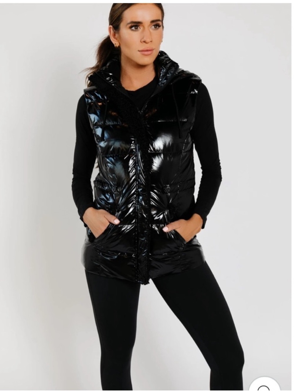 IVL collective long black shiny puffer vest w/ detachable hood small